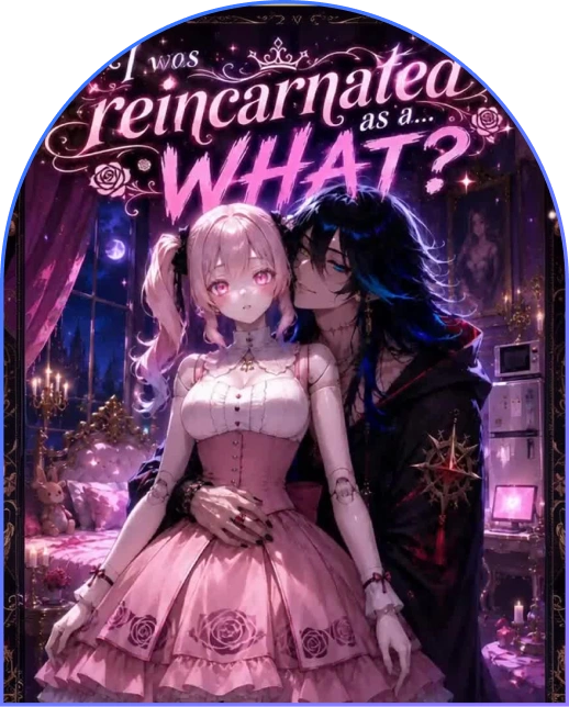 転生したら…何？ 人形の少女と男性が描かれた作品画像。画像内の文字：I was reincarnated as a… WHAT?