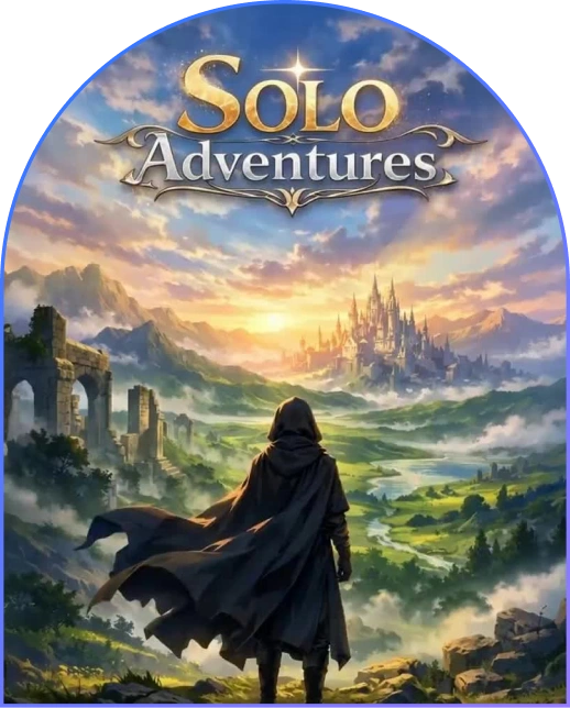 ソロ・アドベンチャーズ。城へ向かう冒険者が描かれた作品画像。画像内の文字：Solo Adventures