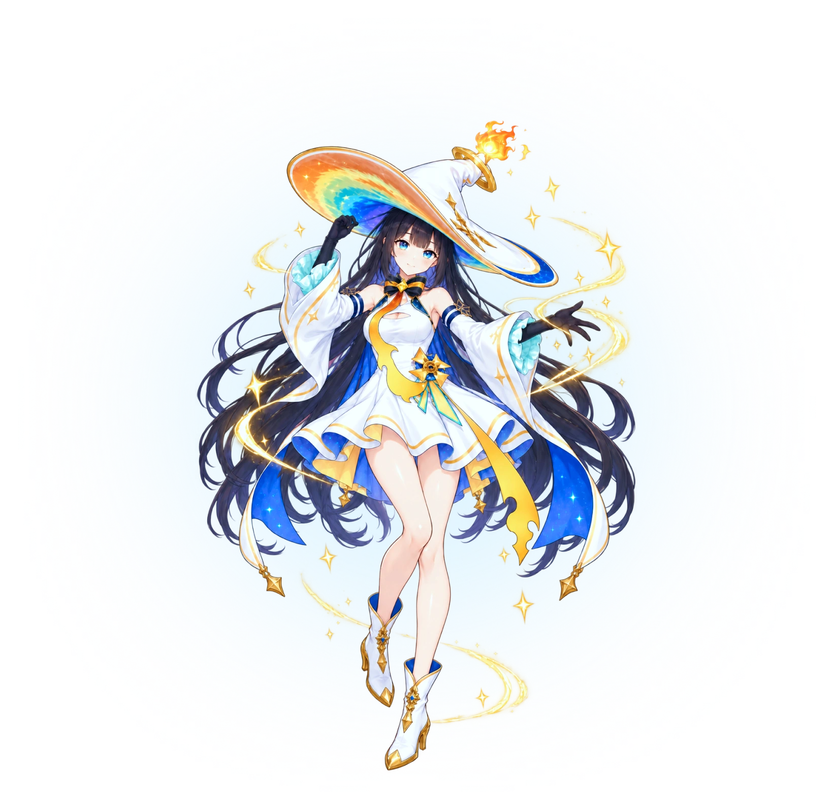 物語づくりを案内するキャラクター、ミチル。虹色の魔女帽子と白い衣装をまとっている。